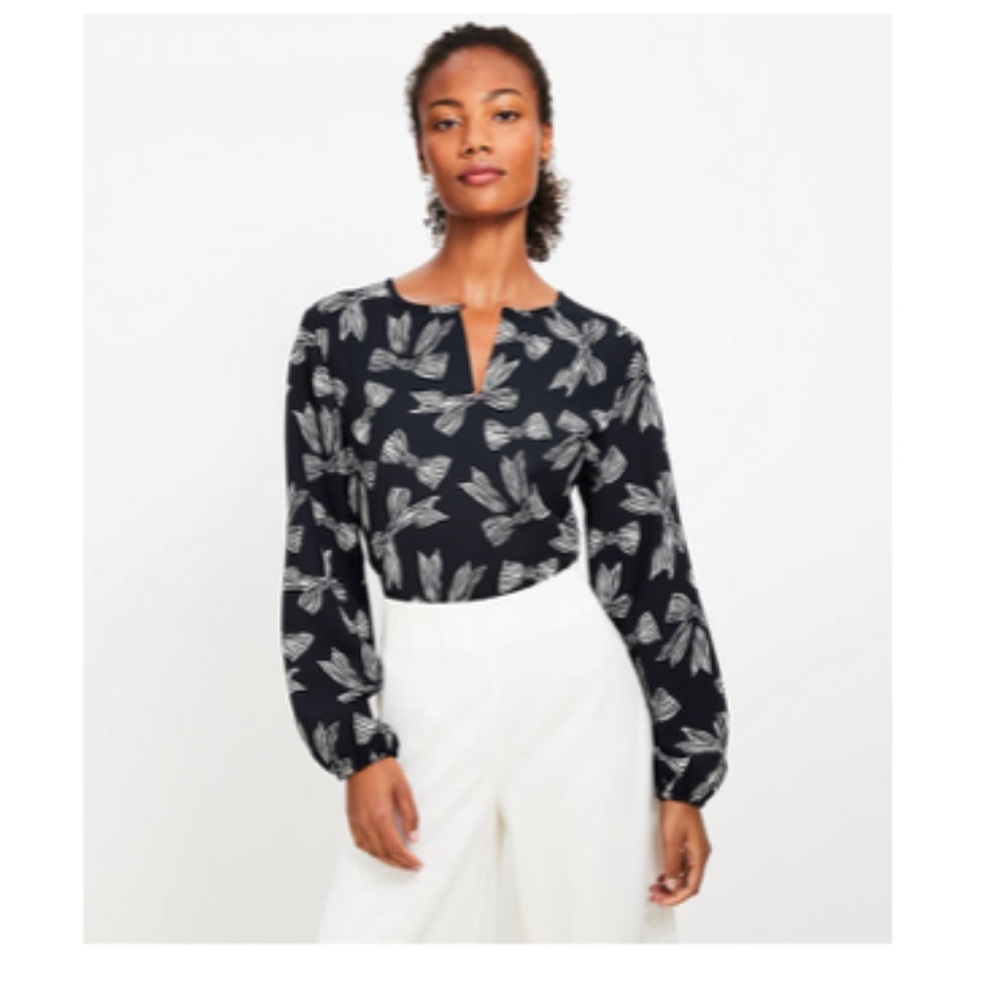 LOFT Black and White Bow Slit Neck Women's Top Blouse Size XS